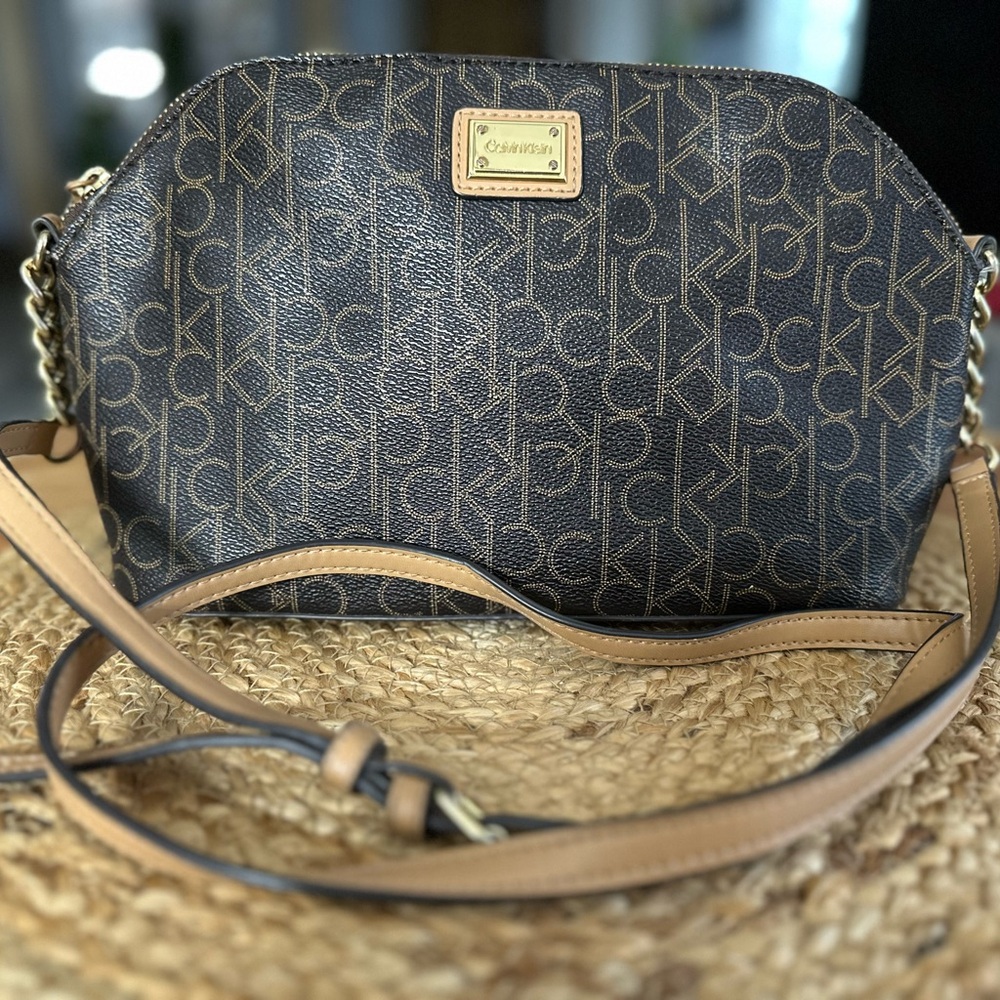 Calvin Klein Monogrammed Brown and Tan Crossbody Bag